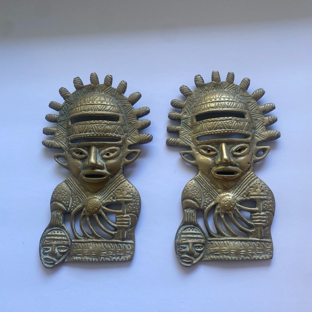 Pair of Inca Vintage Brass Mexican Inca Wall Hangings green gem eye gold color